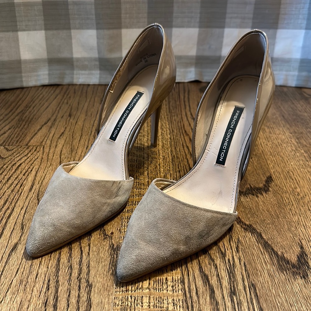 french connection shoes women, tan/gray suede and patent, 31/2 heel, size 39
